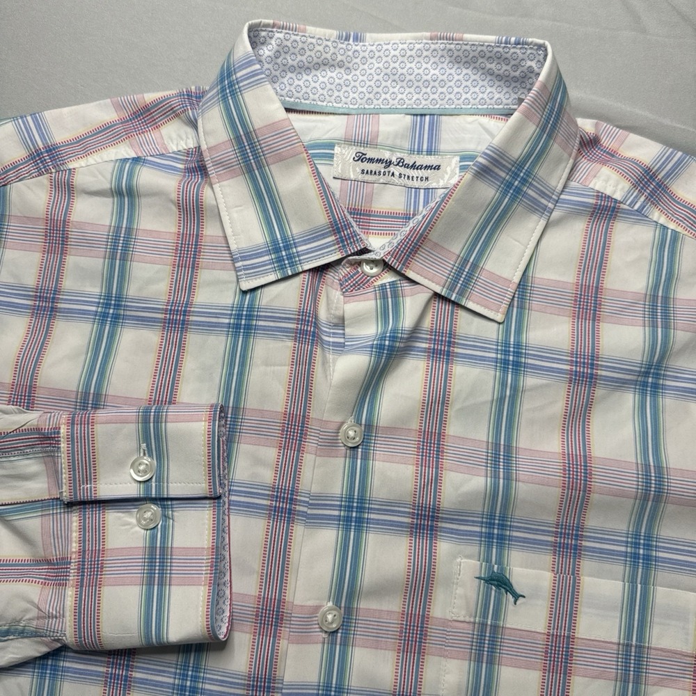 Tommy Bahama Shirt Men's M Sarasota Stretch Plaid Button Up‎ Coolmax Flip Cuff